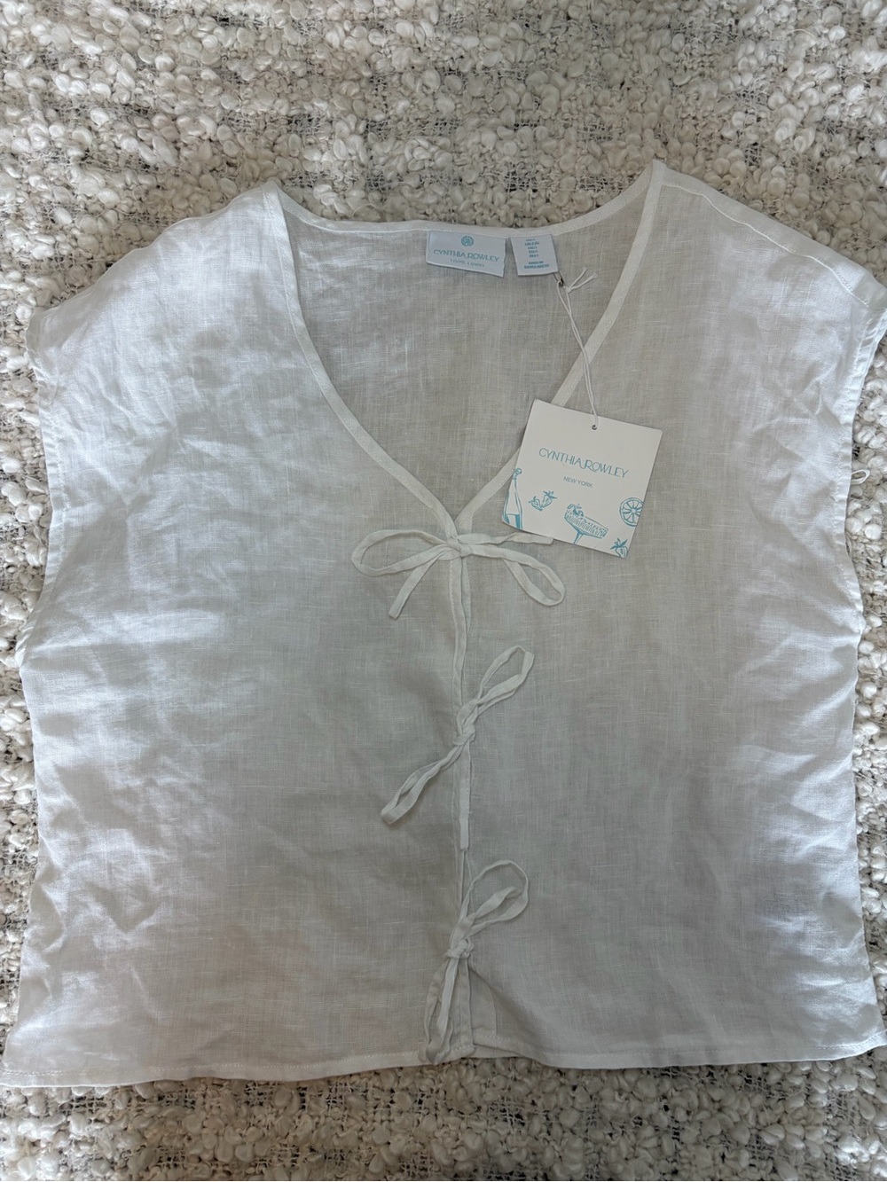 NWT Cynthia Rowley 100% Linen White Tie-Front Short Sleeve Top Large - Picture 9 of 10